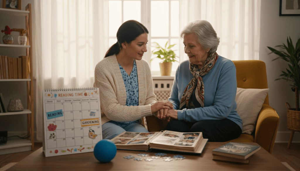 A serene scene depicting a personalized dementia care routine in a cozy, softly lit living room. In the foreground, a caring caregiver, dressed in a comfortable yet professional outfit, gently engages with an elderly individual seated in a plush armchair. They are surrounded by familiar items, like a scrapbook with photos of family and friends, and a colorful calendar marking daily activities. In the middle ground, a small table displays calming objects such as a stress ball, a puzzle, and a favorite book. The background features warm, natural light filtering through sheer curtains, creating a peaceful atmosphere. The mood is nurturing and supportive, emphasizing the importance of individualized care and connection in daily routines.