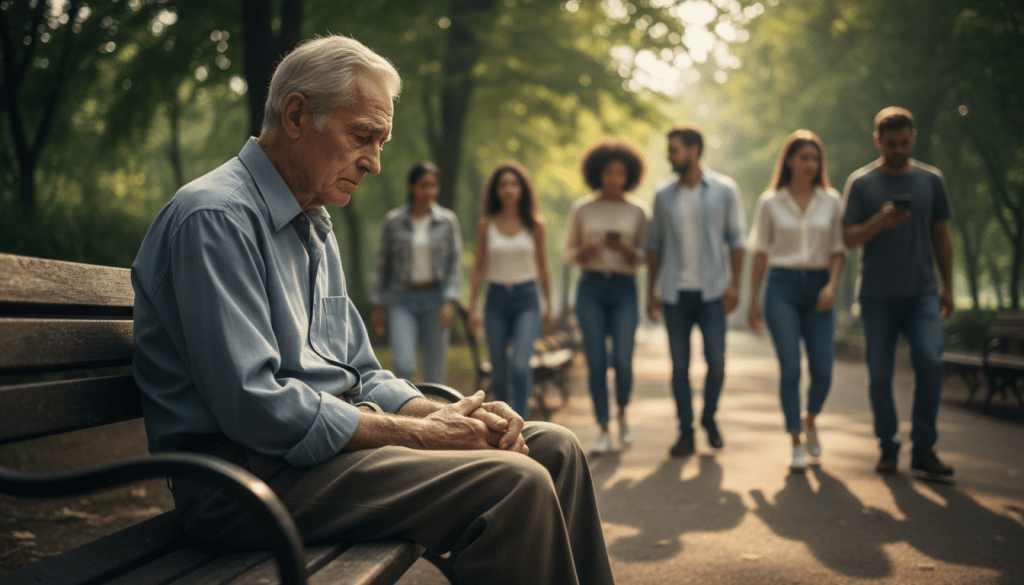 A serene scene depicting an elderly man sitting alone on a park bench, his expression reflecting a mix of sorrow and contemplation. In the foreground, a close-up of his hands resting on his lap, slightly trembling, hinting at vulnerability. In the middle ground, a few passersby glance at him with concern, some engaged in conversation, showcasing the contrast between social interaction and his solitude. The background features lush green trees, dappled sunlight filtering through the leaves, creating a warm, yet melancholic atmosphere. The overall mood conveys a sense of empathy and awareness towards loneliness in older adults. Captured from a slightly elevated angle to emphasize the man's isolation while keeping the surroundings inviting. Soft focus enhances the emotional tone of the image.