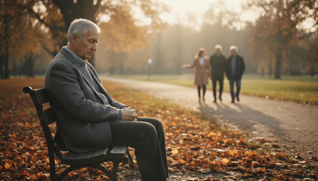 A serene scene depicting an older adult sitting alone on a park bench, surrounded by softly illuminated autumn leaves, reflecting on life. In the foreground, include a close-up of the person's contemplative expression, wearing modest casual clothing. In the middle ground, show a few distant figures walking in pairs, engaging in conversation, symbolizing community connection, while maintaining a gentle distance to evoke feelings of loneliness. The background captures a warm, late afternoon light filtering through trees, creating a golden glow that enhances the mood of introspection and solitude. Use a shallow depth of field to focus on the older adult while softly blurring the figures in the background, conveying the contrast between isolation and community. The overall atmosphere should invite empathy and understanding of the emotions associated with loneliness in older adults.