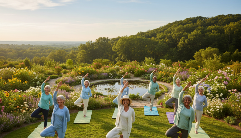 A serene scene depicting the mind-body connection in relation to senior health and purpose. In the foreground, a diverse group of seniors engaged in gentle yoga poses, illustrating vitality and mindfulness, dressed in modest, comfortable activewear. In the middle ground, a peaceful garden setting with blooming flowers and soft greenery, signifying growth and renewal. The background features a bright blue sky with soft, warm sunlight filtering through, creating a calm and uplifting atmosphere. The focus should be on the joyful expressions of the seniors, conveying a sense of fulfillment and connection to purpose. Capture this scene from a slightly elevated angle, emphasizing the harmony between body and mind. Aim for a soft, natural lighting that enhances the tranquility of the environment.