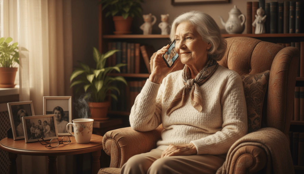 A serene scene of a senior citizen participating in a daily check-in call, sitting comfortably in a cozy living room. In the foreground, an elderly woman with silver hair, dressed in modest casual clothing, holds a smartphone with a warm smile. In the middle ground, a soft armchair and a small side table adorned with a steaming cup of tea and a few family photos create a homey atmosphere. The background features gently lit shelves filled with books and plants, contributing to a tranquil environment. The lighting is soft and warm, suggesting a late afternoon. The overall mood is uplifting and reassuring, illustrating connection and warmth in senior care. A serene scene of a senior citizen participating in a daily check-in call, sitting comfortably in a cozy living room. In the foreground, an elderly woman with silver hair, dressed in modest casual clothing, holds a smartphone with a warm smile. In the middle ground, a soft armchair and a small side table adorned with a steaming cup of tea and a few family photos create a homey atmosphere. The background features gently lit shelves filled with books and plants, contributing to a tranquil environment. The lighting is soft and warm, suggesting a late afternoon. The overall mood is uplifting and reassuring, illustrating connection and warmth in senior care.