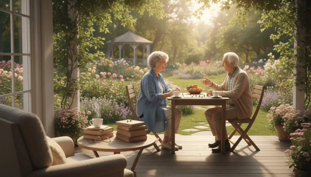 A serene setting illustrating lifestyle factors for mental health in older adults. In the foreground, a cozy reading nook is adorned with a comfortable armchair, a stack of books, and a steaming cup of herbal tea, symbolizing mindfulness and relaxation. The middle layer features two older adults, both dressed in modest, casual clothing, engaging in conversation over a shared board game on a sunny porch, reflecting social connection and engagement. In the background, a lush garden blooms with flowers, and soft sunlight filters through the leaves, creating a warm, inviting atmosphere. The overall mood is uplifting and harmonious, promoting themes of well-being, connection, and tranquility. The image should capture a hopeful sense of community and support for mental health. A serene setting illustrating lifestyle factors for mental health in older adults. In the foreground, a cozy reading nook is adorned with a comfortable armchair, a stack of books, and a steaming cup of herbal tea, symbolizing mindfulness and relaxation. The middle layer features two older adults, both dressed in modest, casual clothing, engaging in conversation over a shared board game on a sunny porch, reflecting social connection and engagement. In the background, a lush garden blooms with flowers, and soft sunlight filters through the leaves, creating a warm, inviting atmosphere. The overall mood is uplifting and harmonious, promoting themes of well-being, connection, and tranquility. The image should capture a hopeful sense of community and support for mental health.