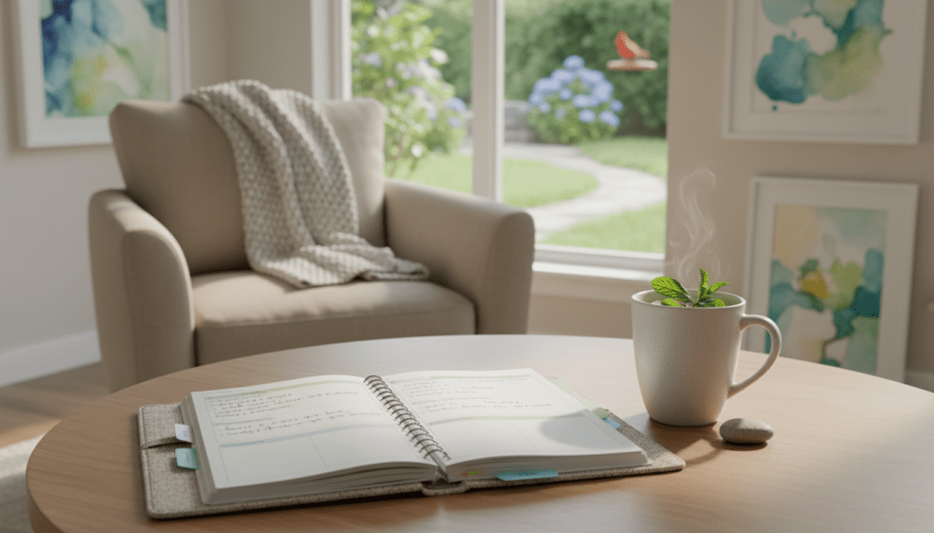 A serene, structured daily care plan displayed on a wooden table, surrounded by soft, natural lighting that emits a calming warmth. In the foreground, a neatly organized planner with colorful tabs and handwritten notes outlining daily activities for dementia care, next to a cup of herbal tea. In the middle ground, a cozy living room setting, featuring a comfortable chair with a knitted blanket draped over it, and a tranquil view of a garden through a large window, symbolizing peace and connection with nature. In the background, soothing artwork hangs on the walls, enhancing the atmosphere of stability and care. The overall mood is organized, compassionate, and reassuring, ideal for illustrating a structured daily routine for individuals with dementia.