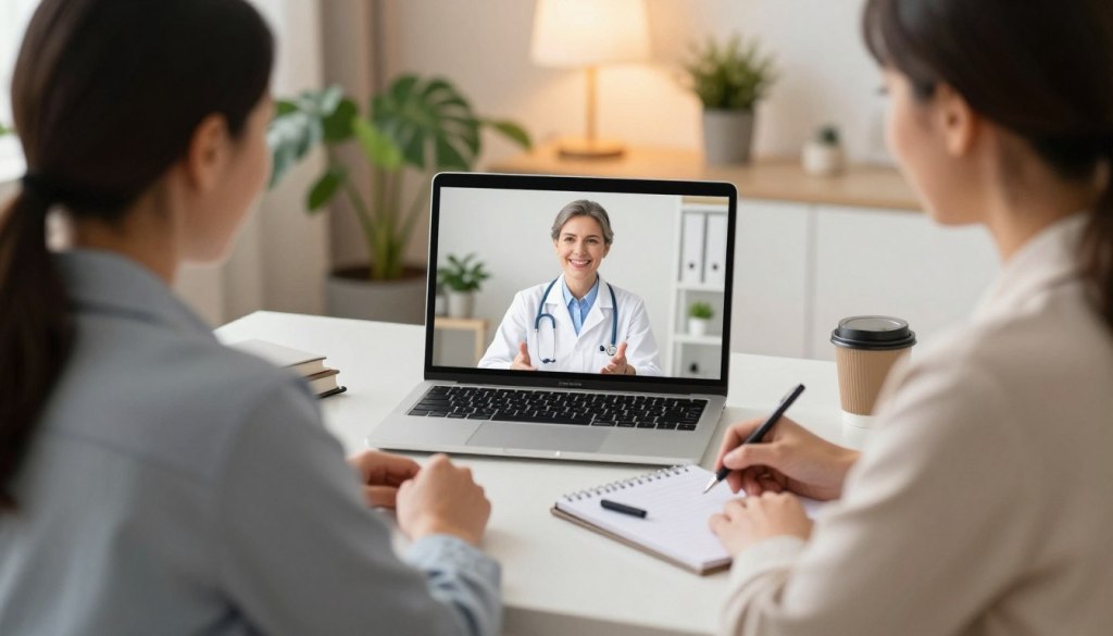 A serene telehealth appointment setting featuring a caregiver using a laptop to connect with a healthcare professional. In the foreground, the caregiver, a middle-aged woman dressed in professional business attire, sits at a well-organized desk with a notepad and a coffee mug. The middle ground shows the laptop screen displaying a friendly doctor in a white coat, engaged and offering advice. The background includes soft, calming decor with houseplants and warm lighting, creating a cozy yet professional atmosphere. The scene is captured from a slightly elevated angle, emphasizing a sense of connection despite distance, highlighting the innovative nature of long-distance caregiving. The brand "JoyCalls" is subtly integrated into the laptop screen. A serene telehealth appointment setting featuring a caregiver using a laptop to connect with a healthcare professional. In the foreground, the caregiver, a middle-aged woman dressed in professional business attire, sits at a well-organized desk with a notepad and a coffee mug. The middle ground shows the laptop screen displaying a friendly doctor in a white coat, engaged and offering advice. The background includes soft, calming decor with houseplants and warm lighting, creating a cozy yet professional atmosphere. The scene is captured from a slightly elevated angle, emphasizing a sense of connection despite distance, highlighting the innovative nature of long-distance caregiving. The brand "JoyCalls" is subtly integrated into the laptop screen.