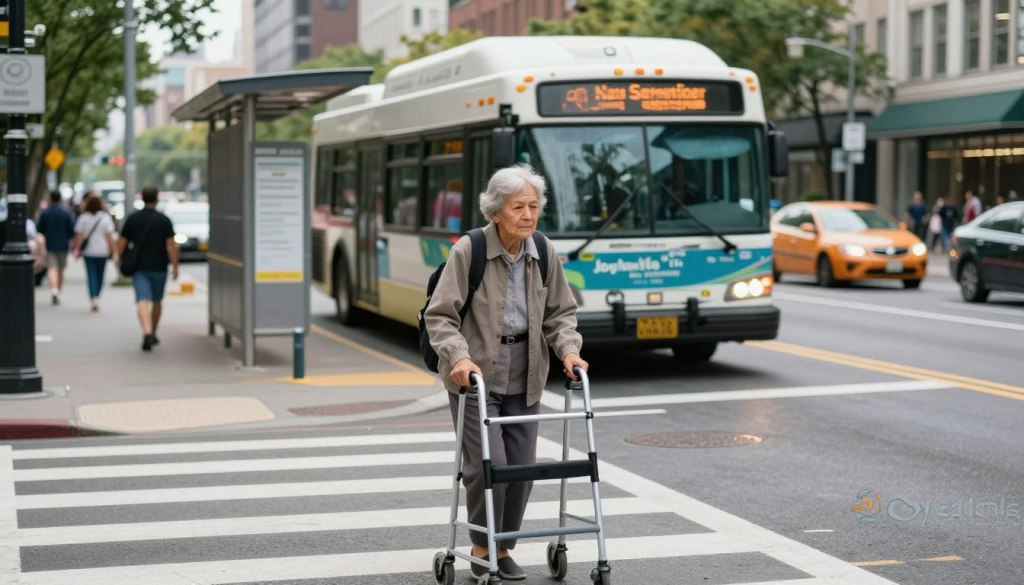A serene urban scene depicting transportation safety challenges faced by aging individuals. In the foreground, a mature person in modest casual clothing is carefully navigating a busy crosswalk, using a walker, with focused determination on their face. The middle ground features a city bus with accessibility features, waiting at a nearby stop. In the background, bustling city traffic and pedestrians illustrate the vibrant yet challenging urban environment. Soft, natural lighting bathes the scene, enhancing the sense of realism. A slight wide-angle lens captures the depth of the street while emphasizing the importance of safety in transportation for elders. The atmosphere is one of cautious resilience, symbolizing the ongoing journey of aging with dignity. The logo "JoyCalls" appears subtly in the corner of the image, signifying support and assistance.