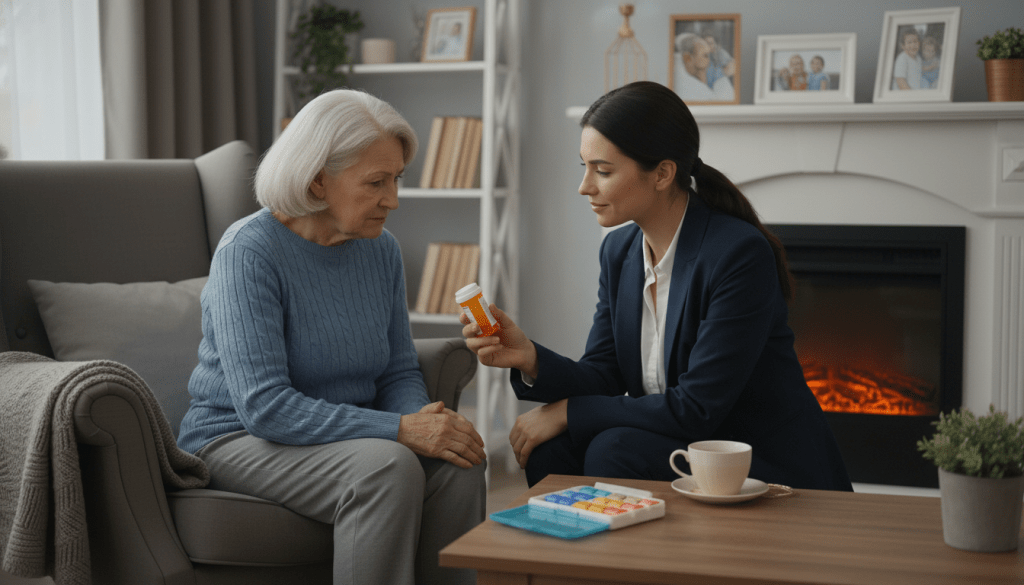A serene, well-lit living room scene, showcasing an elderly parent sitting on a comfortable chair, expressing reluctance and concern about taking medication. They have a thoughtful expression, wearing modest casual clothing. In the foreground, a compassionate adult child stands nearby, holding a pill bottle gently in hand, dressed in professional attire, showing empathy and understanding. In the middle ground, a coffee table displays an open medication organizer, emphasizing the topic of medication refusal. The background features warm, soft lighting, framed family photos, and a cozy atmosphere that suggests a caring and supportive environment. The overall mood is calm and contemplative, illustrating the emotional challenges involved in discussing medication with a stubborn parent. A serene, well-lit living room scene, showcasing an elderly parent sitting on a comfortable chair, expressing reluctance and concern about taking medication. They have a thoughtful expression, wearing modest casual clothing. In the foreground, a compassionate adult child stands nearby, holding a pill bottle gently in hand, dressed in professional attire, showing empathy and understanding. In the middle ground, a coffee table displays an open medication organizer, emphasizing the topic of medication refusal. The background features warm, soft lighting, framed family photos, and a cozy atmosphere that suggests a caring and supportive environment. The overall mood is calm and contemplative, illustrating the emotional challenges involved in discussing medication with a stubborn parent.