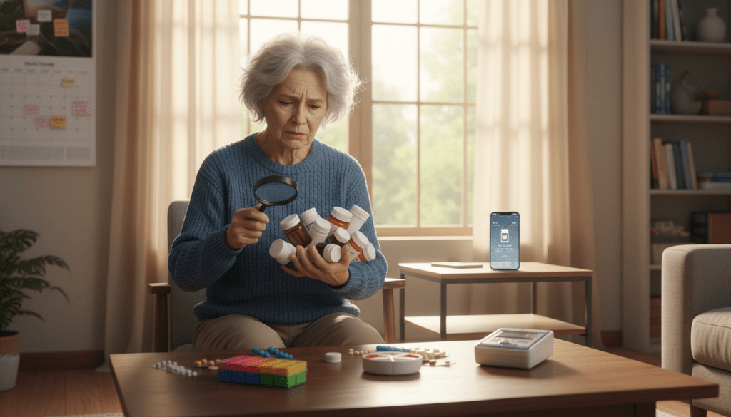 A serene, well-lit living room that illustrates the challenges of medication management for seniors. In the foreground, an elderly person with gray hair, dressed in modest casual clothing, looks perplexed while holding a collection of pill bottles. Next to them, a scattering of pill organizers and a calendar marked with reminder notes. The middle ground features a neatly arranged table with a smartphone displaying a medication reminder app, emphasizing technology's role in modern management. In the background, light filters through a window adorned with soft curtains, creating a warm and comforting atmosphere. The overall mood should evoke a sense of concern and the complexity of managing multiple medications, highlighting the senior's experience while ensuring clarity and focus on the subject matter.