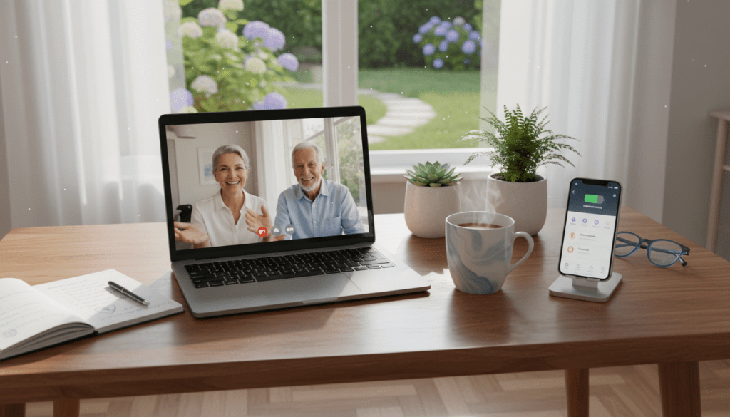 A serene workspace designed for long-distance caregivers, featuring a well-organized desk with essential tools. In the foreground, a laptop displays a video call interface, alongside a notebook with neatly written notes and a smartphone with a caregiving app open. The middle ground includes a coffee mug and potted plants, adding a touch of warmth. In the background, a window reveals a peaceful outdoor scene with soft sunlight streaming in, creating a calm atmosphere. The image captures a mix of modern technology and a cozy environment, evoking a sense of support and connection. Lighting is soft and natural, emphasizing the clarity of the tools and resources while maintaining a professional tone.