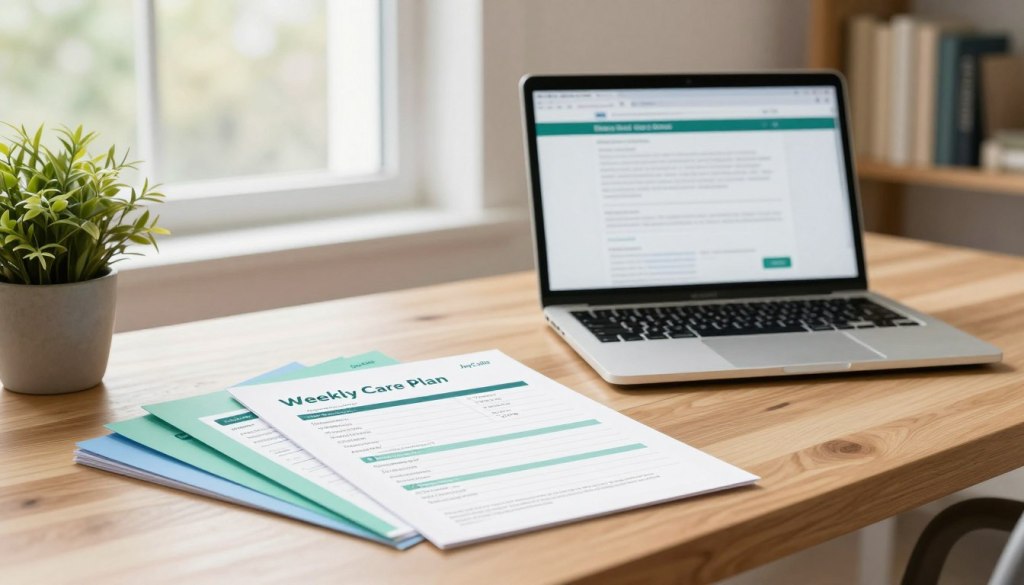 A serene workspace illuminated by soft, natural light from a large window, focused on a well-organized wooden desk. In the foreground, a beautifully arranged stack of community care resources and templates, including a clear Weekly Care Plan Template designed for aging parents, incorporating calming colors like soft green and light blue. Next to the templates, gentle potted plants add a touch of life. In the middle, an open laptop displays helpful online resources, emphasizing the connection between digital and printed materials. In the background, blurred shelves lined with professional books on caregiving. The overall mood is calm, professional, and inviting, capturing a sense of support and community. The brand name "JoyCalls" is subtly integrated into the design of the templates, reinforcing the theme of care.
