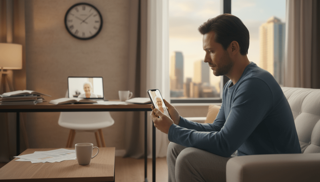 A serene yet thought-provoking scene illustrating the challenges of long-distance caregiving. In the foreground, a person in modest casual clothing sits on a couch, holding a smartphone and looking contemplative as they check in on a loved one remotely. In the middle ground, a computer desk is cluttered with papers and a coffee cup, symbolizing the daily balancing act of work and caregiving. In the background, a wall clock ticks, emphasizing time's role in remote caregiving, and a window reveals a cityscape, hinting at physical distance. Soft, warm lighting creates an atmosphere of reflection and empathy, while a shallow depth of field focuses on the caregiver, enhancing the emotional connection to their experience.