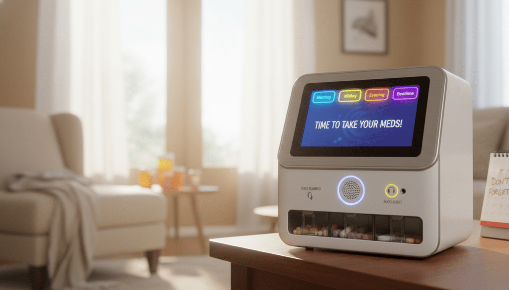 A sleek, modern automated medication dispenser sits prominently in the foreground, showcasing its intuitive interface with clearly labeled compartments for various medications. The dispenser is equipped with LED indicators and a touchscreen display, highlighting innovative features like voice reminders for patients with vision or hearing difficulties. In the middle ground, a cozy living room setting is visible, with soft, warm lighting casting a calming glow. A well-organized side table is adorned with pill bottles and a calendar for reminders. In the background, light curtains filter sunlight, creating an inviting atmosphere. The image captures an ambiance of accessibility and ease, emphasizing the dispenser as an essential tool for improving medication adherence. Depth of field focuses sharply on the dispenser, while the background remains softly blurred, enhancing clarity.