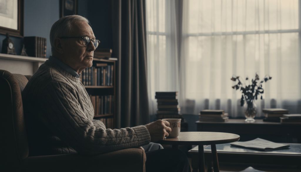 A somber scene depicting the health effects of social isolation on seniors. In the foreground, an elderly man sits alone in a well-worn armchair, gazing out of a large window with a distant expression. He wears a cozy sweater and glasses, with a cup of tea on a side table beside him. The middle ground features a cluttered living room, illustrating signs of neglect, such as untouched books and a dusty vase of wilting flowers. In the background, soft natural light filters through sheer curtains, casting gentle shadows, enhancing the sense of loneliness. The overall atmosphere is melancholic yet reflective, emphasizing the emotional weight of isolation on the elderly, capturing both their vulnerability and resilience.