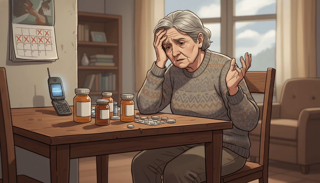 A thought-provoking illustration depicting barriers to medication adherence among seniors. In the foreground, a concerned elderly woman in modest casual clothing sits at a kitchen table, surrounded by various pill bottles, looking puzzled and overwhelmed. The middle layer features visual representations of common barriers, like a calendar with missed dates, a phone displaying a missed reminder alert, and a bottle with faded labels. In the background, a softly lit room with warm tones, including a window showing a cloudy sky, adds to the atmosphere of uncertainty. The focus should be on the emotional weight of frustration and confusion, captured with a shallow depth of field to highlight the elderly woman while softly blurring the surrounding elements. Use natural, diffused lighting to convey a sense of warmth but also an underlying tension.