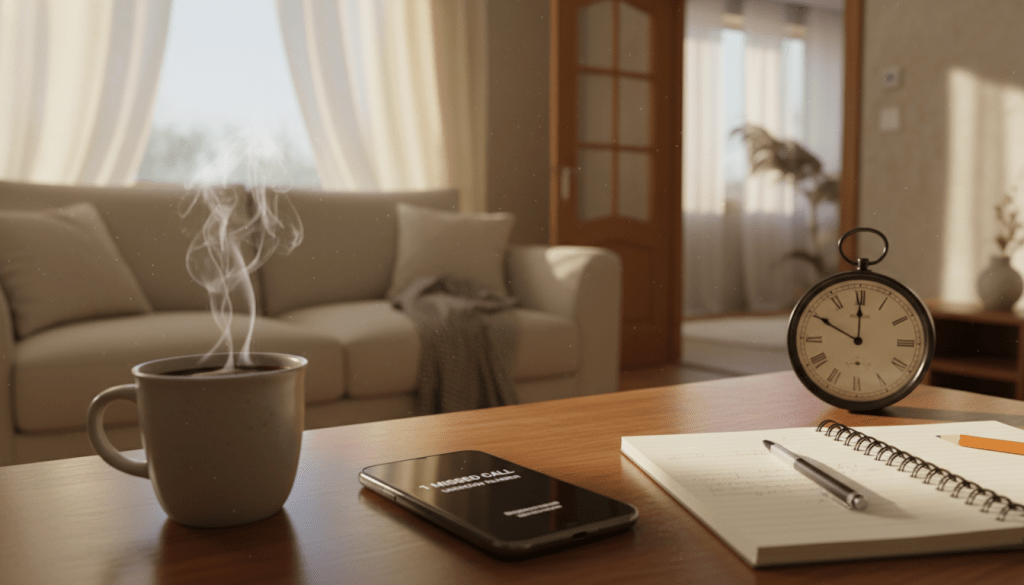 A thoughtful and analytical scene depicting various reasons for missed phone calls in a gentle, inviting atmosphere. In the foreground, a smartphone with a missed call notification, surrounded by elements symbolizing distractions—like a steaming cup of coffee, an open notebook, and a clock showing the time. The middle ground features soft-focus imagery of a cozy living room, with a comfortable sofa and a half-open door, suggesting a busy household atmosphere. In the background, sunlight filters through sheer curtains, casting warm light, creating a calm and reflective mood. The image should convey a sense of understanding and empathy, emphasizing the importance of recognizing these everyday situations without text or distractions.