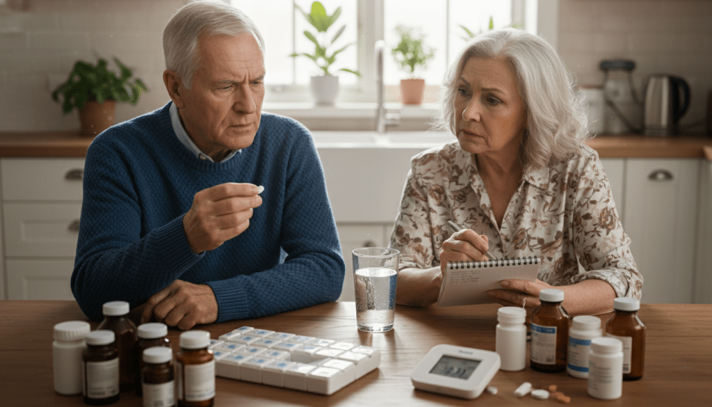 A thoughtful scene depicting the challenges of medication management for seniors. In the foreground, an elderly man in modest casual clothing sits at a dining table, surrounded by an array of pill bottles and a large, opened medication organizer, looking confused. Beside him, a concerned elderly woman, also in casual attire, is holding a notepad filled with notes. In the middle ground, a clear glass of water and a digital pill tracker are visible, emphasizing the complexity of managing medications. The background features a bright, warm kitchen environment with sunlight streaming through a window, creating an inviting yet challenging atmosphere. The overall mood conveys a sense of concern and the necessity for organization, captured from a slightly elevated angle for depth. Soft, natural lighting enhances the realism of the scene.