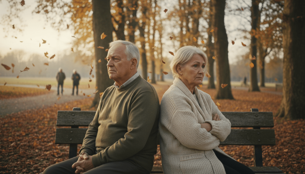 A thoughtful scene illustrating the contrast between loneliness and depression in older adults. In the foreground, an elderly man and woman sit on a park bench, both looking introspective. The man wears a modest casual sweater, while the woman is dressed in a warm cardigan. Their expressions convey a sense of contemplationโslight frowns indicating sadness and distance. The middle ground features gently swaying trees, with autumn leaves falling, symbolizing change and the passage of time. In the background, a softly blurred walking path, where a few other elder figures occupy the space in a distant, solitary manner, enhances the theme of isolation. The lighting is soft, casting a warm but melancholy golden tone, evoking a reflective atmosphere. The angle is slightly upward, focusing on the faces of the individuals, inviting viewers to connect emotionally. A thoughtful scene illustrating the contrast between loneliness and depression in older adults. In the foreground, an elderly man and woman sit on a park bench, both looking introspective. The man wears a modest casual sweater, while the woman is dressed in a warm cardigan. Their expressions convey a sense of contemplationโslight frowns indicating sadness and distance. The middle ground features gently swaying trees, with autumn leaves falling, symbolizing change and the passage of time. In the background, a softly blurred walking path, where a few other elder figures occupy the space in a distant, solitary manner, enhances the theme of isolation. The lighting is soft, casting a warm but melancholy golden tone, evoking a reflective atmosphere. The angle is slightly upward, focusing on the faces of the individuals, inviting viewers to connect emotionally.