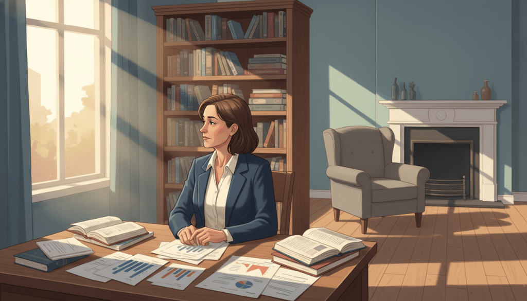 A thoughtfully designed illustration depicting the concept of "social isolation research" in the context of retirement loneliness. In the foreground, a middle-aged professional woman in modest business attire is seated at a desk cluttered with research papers and statistical graphs, her expression pensive as she gazes out of a window. In the middle ground, a bookshelf filled with books about psychology and aging signifies knowledge and understanding. The background shows a soft-focus living room with a single chair and a muted color palette, conveying a sense of solitude. Warm, natural light filters in from the window, creating a cozy yet melancholic atmosphere. The image uses a slight upward angle to evoke feelings of introspection and depth, highlighting the importance of addressing these challenges.