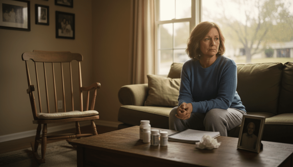 A tired caregiver, a middle-aged woman in modest casual clothing, sitting on a couch in a warmly lit living room, her expression reflecting deep emotional strain and compassion as she gazes out of a window. In the foreground, soft shadows hint at an empty chair nearby, symbolizing loneliness. In the middle, a coffee table cluttered with reminders of caregiving—medications, a notebook, and a framed photo of a loved one, emphasizing her sacrifice. The background features gently blurred family photos on the walls, underscoring the bittersweet nature of caregiving. The overall atmosphere is infused with a mix of warmth and melancholy, captured through soft, diffused lighting that highlights the emotional toll while evoking a sense of resilience and hope. The lens is slightly blurred, focusing on the caregiver's face, evoking a poignant moment of reflection. A tired caregiver, a middle-aged woman in modest casual clothing, sitting on a couch in a warmly lit living room, her expression reflecting deep emotional strain and compassion as she gazes out of a window. In the foreground, soft shadows hint at an empty chair nearby, symbolizing loneliness. In the middle, a coffee table cluttered with reminders of caregiving—medications, a notebook, and a framed photo of a loved one, emphasizing her sacrifice. The background features gently blurred family photos on the walls, underscoring the bittersweet nature of caregiving. The overall atmosphere is infused with a mix of warmth and melancholy, captured through soft, diffused lighting that highlights the emotional toll while evoking a sense of resilience and hope. The lens is slightly blurred, focusing on the caregiver's face, evoking a poignant moment of reflection.