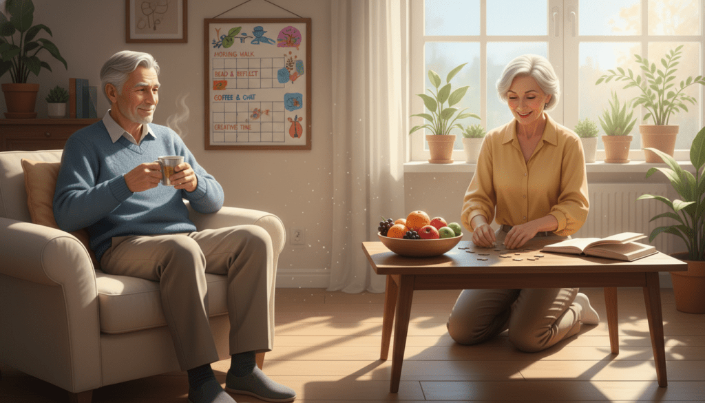 A tranquil scene illustrating a flexible daily routine for elderly individuals, set in a cozy living room. In the foreground, a senior man in comfortable, modest clothing sits on a plush armchair, smiling while holding a cup of herbal tea. A vibrant calendar on the wall lists simple activities like walking, reading, and socializing. In the middle ground, a cheerful woman, dressed in casual attire, sets up a table with fresh fruits, puzzles, and a journal, reflecting engaging activities. The background features a sunny window with green plants, casting warm, soft lighting that creates a serene atmosphere. The image conveys a sense of warmth, care, and adaptability, ideal for portraying the importance of a tailored routine for seniors. A tranquil scene illustrating a flexible daily routine for elderly individuals, set in a cozy living room. In the foreground, a senior man in comfortable, modest clothing sits on a plush armchair, smiling while holding a cup of herbal tea. A vibrant calendar on the wall lists simple activities like walking, reading, and socializing. In the middle ground, a cheerful woman, dressed in casual attire, sets up a table with fresh fruits, puzzles, and a journal, reflecting engaging activities. The background features a sunny window with green plants, casting warm, soft lighting that creates a serene atmosphere. The image conveys a sense of warmth, care, and adaptability, ideal for portraying the importance of a tailored routine for seniors.