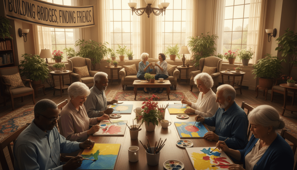 A vibrant and engaging scene inside a welcoming senior center, showcasing a series of targeted programs designed to combat loneliness among seniors. In the foreground, a diverse group of seniors—men and women of different ethnicities—are participating in an art class, happily painting on canvases with bright colors. The middle ground features a cozy lounge area with comfortable seating, where a couple of seniors are chatting over cups of tea, radiating warmth and companionship. In the background, large windows allow natural light to flood the space, framed by plants that add a touch of greenery. The mood is joyful and uplifting, conveying a sense of community and connection, captured with soft, warm lighting to enhance the inviting atmosphere. Use a slight upward angle to create a sense of openness and inclusion.