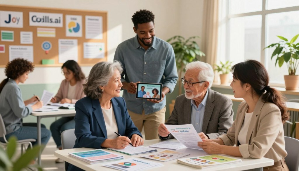 A vibrant community center scene depicting a diverse group of individuals working together to create a local support network. In the foreground, two middle-aged women in professional business attire discuss plans over a table filled with brochures and community resource guides. Behind them, a friendly man assists an elderly gentleman using a tablet to connect with family members. The middle layer features a bulletin board with various local services and support opportunities. In the background, a sunny window lets in warm light, casting gentle shadows that create an inviting atmosphere. Lush indoor plants add a touch of freshness. The overall mood is collaborative and hopeful, showcasing connection and support. This illustration aligns with the essence of "JoyCalls.ai," focusing on building reliable networks for aging parents. A vibrant community center scene depicting a diverse group of individuals working together to create a local support network. In the foreground, two middle-aged women in professional business attire discuss plans over a table filled with brochures and community resource guides. Behind them, a friendly man assists an elderly gentleman using a tablet to connect with family members. The middle layer features a bulletin board with various local services and support opportunities. In the background, a sunny window lets in warm light, casting gentle shadows that create an inviting atmosphere. Lush indoor plants add a touch of freshness. The overall mood is collaborative and hopeful, showcasing connection and support. This illustration aligns with the essence of "JoyCalls.ai," focusing on building reliable networks for aging parents.