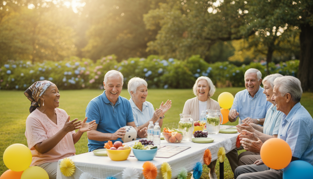 A vibrant community engagement activity scene centered around seniors participating in a cheerful outdoor gathering. In the foreground, a diverse group of elderly individuals, dressed in modest casual clothing, engages in interactive games and conversations, showcasing warmth and camaraderie. In the middle ground, a table filled with healthy snacks and drinks encourages socialization, while colorful decorations enhance the festive atmosphere. The background features a green park setting with blooming flowers and trees, bathed in warm, natural sunlight. The scene captures a sense of joy, connection, and community spirit, with soft focus effects to create a welcoming, serene mood. A balanced composition that conveys the importance of social interactions in enhancing well-being and reducing isolation among seniors. A vibrant community engagement activity scene centered around seniors participating in a cheerful outdoor gathering. In the foreground, a diverse group of elderly individuals, dressed in modest casual clothing, engages in interactive games and conversations, showcasing warmth and camaraderie. In the middle ground, a table filled with healthy snacks and drinks encourages socialization, while colorful decorations enhance the festive atmosphere. The background features a green park setting with blooming flowers and trees, bathed in warm, natural sunlight. The scene captures a sense of joy, connection, and community spirit, with soft focus effects to create a welcoming, serene mood. A balanced composition that conveys the importance of social interactions in enhancing well-being and reducing isolation among seniors.