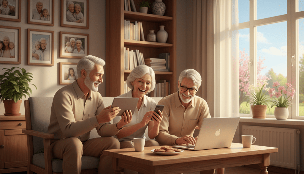 A vibrant scene of seniors joyfully using technology to connect, set in a cozy living room filled with warm light. In the foreground, a diverse group of three seniors—two men and one woman—are seated around a coffee table, each engaged with a different device: a tablet, a smartphone, and a laptop. Their expressions are animated and happy as they share stories and laughter. The middle ground showcases family photos on the walls, emphasizing meaningful relationships, while a window reveals a bright, sunny day outside. The background features a shelf filled with books and plants, adding warmth and life to the space. The overall atmosphere is uplifting and connected, highlighting the theme of embracing technology for meaningful connections.