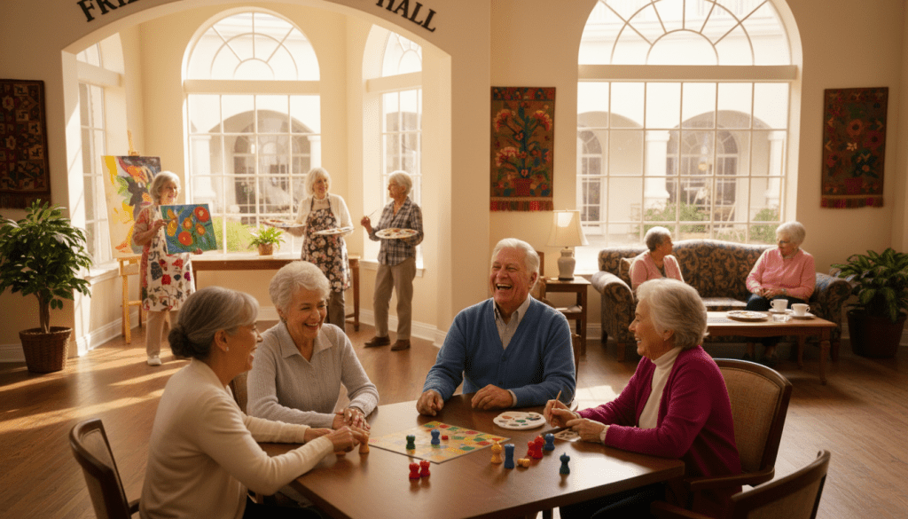 A vibrant senior center scene featuring a diverse group of older adults engaged in various activities that foster social connections. In the foreground, a cheerful group of seniors, dressed in modest casual clothing, is playing a lively board game around a table, their expressions full of joy and camaraderie. In the middle ground, other participants are attending an art class, creating colorful paintings, while a few individuals are engaged in a friendly conversation on a cozy sofa. The background showcases large windows allowing warm, natural light to fill the room, highlighting the welcoming atmosphere. The overall mood is uplifting and vibrant, emphasizing friendships and community engagement. The composition captures an inviting, busy senior center environment in a candid, encouraging perspective.