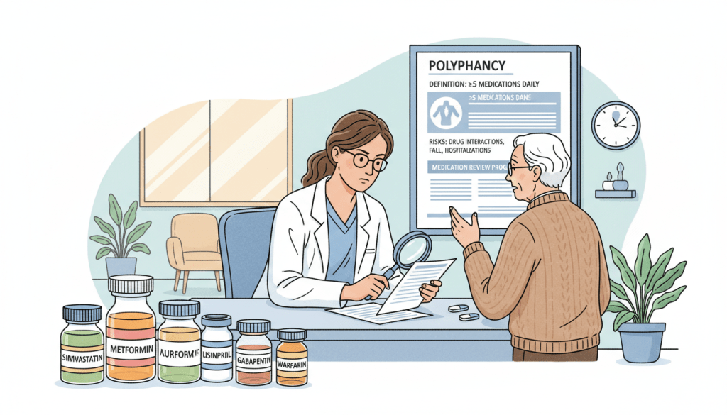 A visually compelling and informative illustration depicting the concept of polypharmacy risks and definitions in a healthcare setting. In the foreground, a neatly organized array of various prescription medication bottles, with clear labels showing names of common medications for seniors. In the middle, a focused healthcare professional—a middle-aged woman in professional attire—gently examining a patient’s medication list, her thoughtful expression emphasizing the importance of careful management. In the background, a calm clinic environment with soft, warm lighting creating a reassuring atmosphere. A subtle depiction of a medical chart on the wall, symbolizing data and definitions related to polypharmacy. The overall mood should convey professionalism and safety, highlighting the seriousness of managing multiple medications effectively.