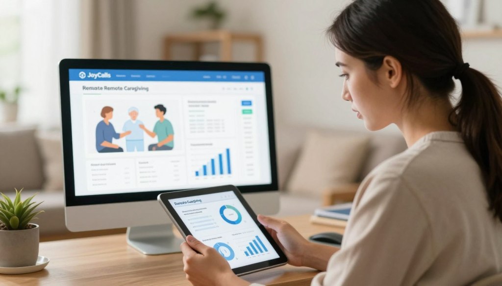 A visually compelling illustration representing the concept of remote caregiving statistics in today's world. In the foreground, a professional caregiver in modest casual clothing uses a tablet, showcasing caregiving statistics and charts. The middle ground features a computer screen displaying graphs and data, illustrating long-distance communication between caregivers and remote patients. In the background, a blurred image of a cozy home environment suggests a comfortable living space where caregiving takes place. Soft, warm lighting creates an inviting mood, while a shallow depth of field focuses on the caregiver's expression of compassion and concern. The brand name "JoyCalls" subtly integrated within the design, emphasizing the connection and support that remote caregiving provides.