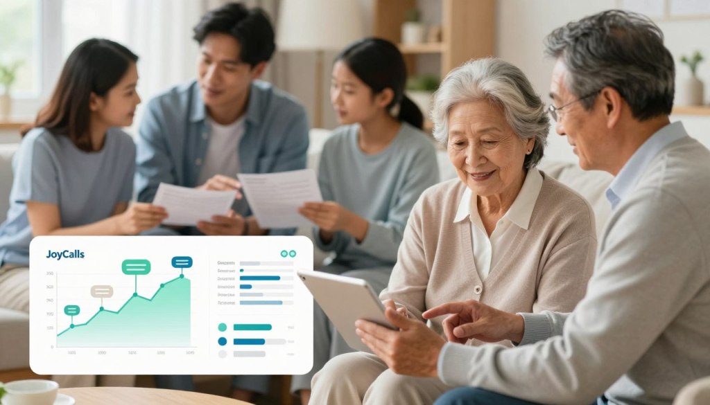 A visually engaging representation of family caregiving statistics, featuring a harmonious interplay of diverse family members engaged in nurturing activities. In the foreground, a middle-aged sibling in professional attire assists an elderly parent with a tablet, surrounded by charts and data visuals illustrating caregiving trends in soft hues of blue and green. The middle ground includes younger siblings discussing care strategies, with graphic icons symbolizing communication, coordination, and support. The background portrays a warm home environment, softly lit to create an inviting, hopeful atmosphere, symbolizing family unity. The overall mood is collaborative and supportive, promoting the theme of synchronized familial efforts in elder care, subtly incorporating the brand name "JoyCalls" within the statistics visuals.
