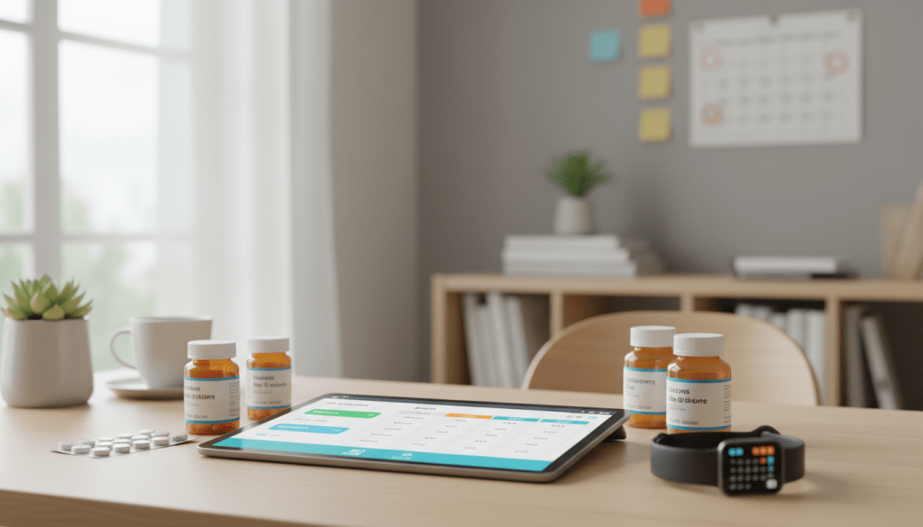 A visually engaging scene depicting a modern, user-friendly medication adherence support technology. In the foreground, a sleek digital device resembling a tablet displays colorful reminders and medication schedules, surrounded by scattered pill bottles and a smartwatch. The middle ground features a calm, well-organized home office environment with soft, natural lighting pouring in from a window, illuminating a small plant and a coffee cup. The background reveals a blurred bookshelf filled with health books and a calendar on the wall. The mood is reassuring and innovative, aimed at conveying the importance of technology in improving medication adherence, emphasizing accessibility and simplicity. The image should have a warm color palette with a focus on clarity and detail. A visually engaging scene depicting a modern, user-friendly medication adherence support technology. In the foreground, a sleek digital device resembling a tablet displays colorful reminders and medication schedules, surrounded by scattered pill bottles and a smartwatch. The middle ground features a calm, well-organized home office environment with soft, natural lighting pouring in from a window, illuminating a small plant and a coffee cup. The background reveals a blurred bookshelf filled with health books and a calendar on the wall. The mood is reassuring and innovative, aimed at conveying the importance of technology in improving medication adherence, emphasizing accessibility and simplicity. The image should have a warm color palette with a focus on clarity and detail.