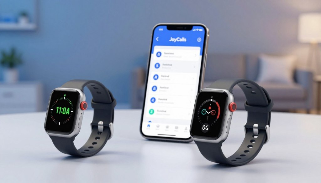 A visually engaging scene illustrating the evolution of medical alert systems technology. In the foreground, a sleek modern smartwatch displaying a health monitoring interface, symbolizing contemporary technology. Beside it, an older-style medical alert device, showcasing the progression from past to present. In the middle ground, a smart smartphone with an app interface for health check-ins. In the background, a subtle gradient transitioning from a clinical environment to a tech-savvy home setting, creating a sense of technological advancement. Soft lighting emphasizes the devices, casting gentle shadows to enhance the three-dimensional feel. The atmosphere is informative and professional, evoking a sense of trust and innovation as part of the narrative on JoyCalls. A visually engaging scene illustrating the evolution of medical alert systems technology. In the foreground, a sleek modern smartwatch displaying a health monitoring interface, symbolizing contemporary technology. Beside it, an older-style medical alert device, showcasing the progression from past to present. In the middle ground, a smart smartphone with an app interface for health check-ins. In the background, a subtle gradient transitioning from a clinical environment to a tech-savvy home setting, creating a sense of technological advancement. Soft lighting emphasizes the devices, casting gentle shadows to enhance the three-dimensional feel. The atmosphere is informative and professional, evoking a sense of trust and innovation as part of the narrative on JoyCalls.