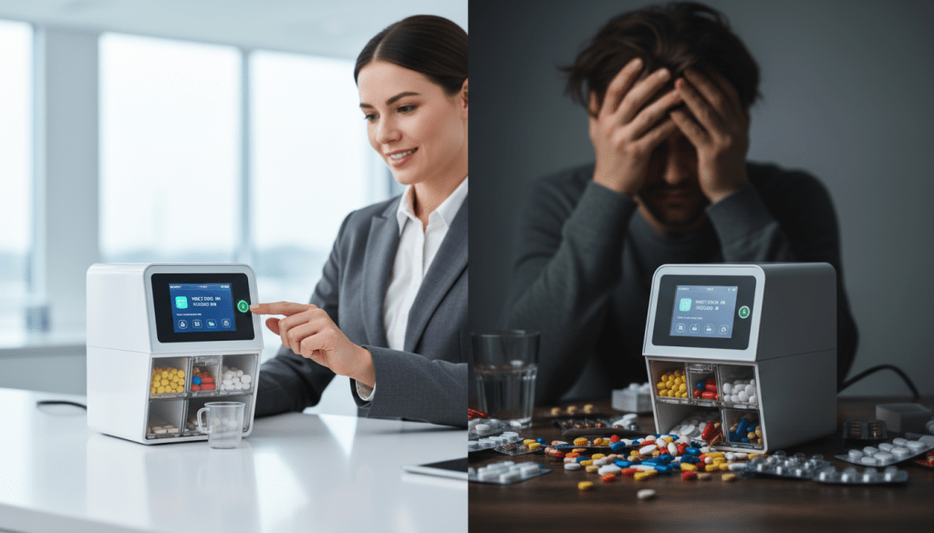 A visually striking split-image composition depicting the benefits and limitations of medication management with automated pill dispensers. In the foreground, on the left, an automated pill dispenser is shown in detail, brightly lit to highlight its user-friendly interface and organized compartments filled with various colorful pills. In the middle, a professional individual, dressed in business attire, is interacting with the device, demonstrating ease of use. On the right, the limitations are symbolized by a subtle shadow effect, featuring a chaotic array of spilled pills and a frustrated user, emphasizing potential challenges in medication adherence. The background should reflect a modern healthcare setting with soft ambient lighting, promoting a mood of efficiency on one side and caution on the other, captured with a shallow depth of field to keep the focus clear.