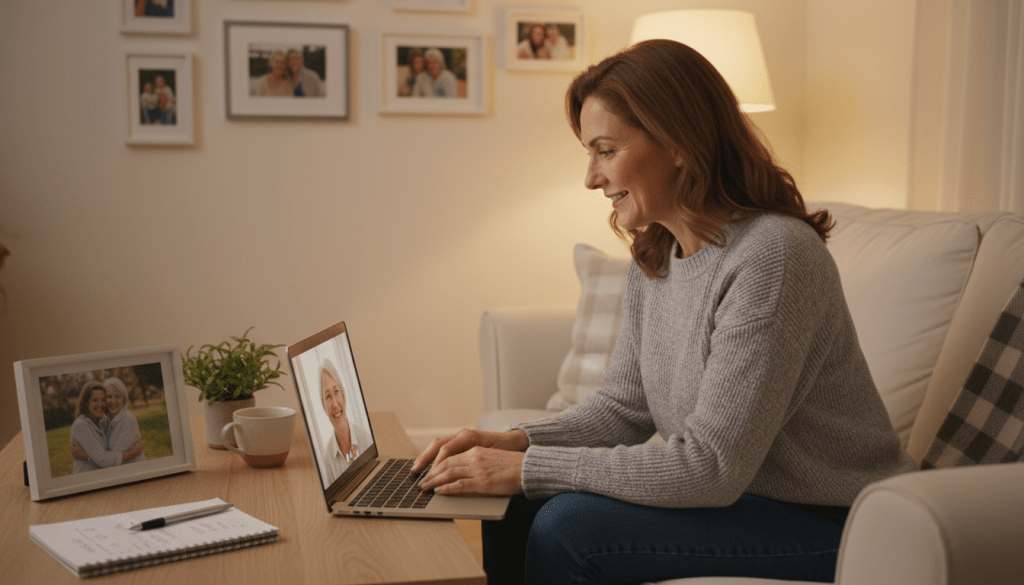 A warm and cozy living room scene, focusing on a long-distance caregiver using a laptop to communicate with a family member. In the foreground, a middle-aged woman, dressed in modest casual clothing, smiles as she interacts with the laptop. A family photo and a notebook are nearby, emphasizing her dual role in home care and family connection. The middle area shows a plant and a cup of tea, adding a homely touch. The background features softly lit walls with family pictures, conveying warmth and intimacy. The lighting is soft and inviting, creating a serene, supportive atmosphere. The angle captures a sense of engagement in the daily check-in routine, illustrating the balance of care and communication.