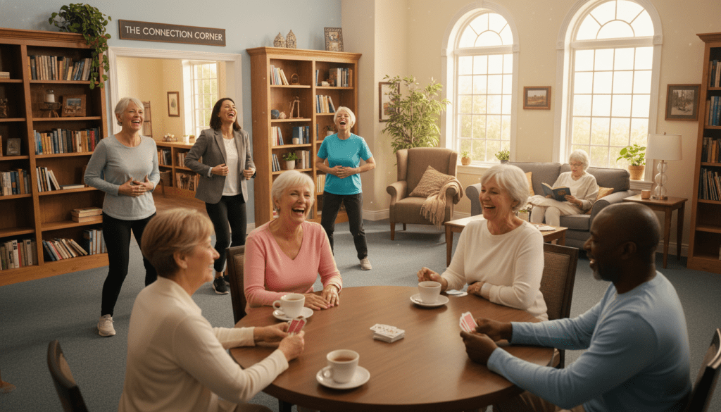 A warm and inviting community center scene where older adults engage in various interventions to combat loneliness. In the foreground, a diverse group of older adults, including a Caucasian woman and an African American man, play a game of cards at a round table. In the middle ground, a small group participates in a laughter yoga session led by an instructor in casual, professional attire. To the back, a well-lit area features a cozy reading nook with bookshelves and comfortable seating, where another elderly person reads quietly. Soft, natural light streams in through large windows, casting a gentle glow on the scene, enhancing the positive, supportive atmosphere. The overall mood conveys community, connection, and warmth. A warm and inviting community center scene where older adults engage in various interventions to combat loneliness. In the foreground, a diverse group of older adults, including a Caucasian woman and an African American man, play a game of cards at a round table. In the middle ground, a small group participates in a laughter yoga session led by an instructor in casual, professional attire. To the back, a well-lit area features a cozy reading nook with bookshelves and comfortable seating, where another elderly person reads quietly. Soft, natural light streams in through large windows, casting a gentle glow on the scene, enhancing the positive, supportive atmosphere. The overall mood conveys community, connection, and warmth.