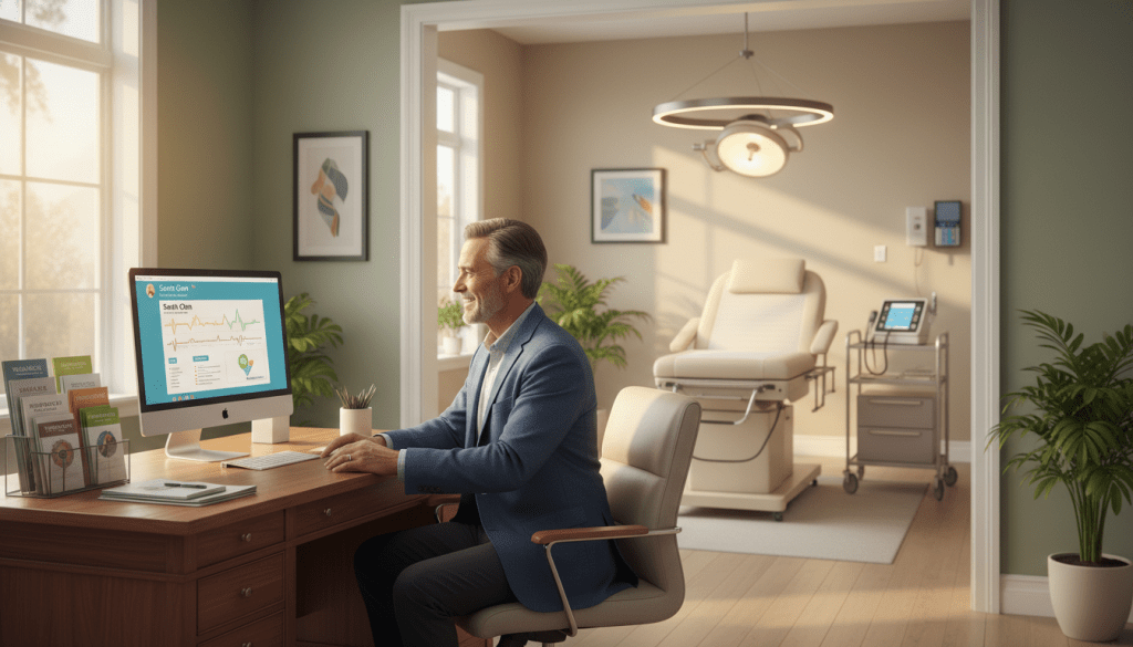 A warm and inviting healthcare office interior, featuring a friendly healthcare professional in a smart casual outfit, smiling as they engage with a patient during a preventive healthcare visit. The foreground includes a well-organized desk with health pamphlets and a computer displaying patient information. In the middle, a cutting-edge examination room with a comfortable examination bed and modern medical equipment is visible, emphasizing a focus on preventive care. The background shows soft, natural lighting filtering through large windows, contributing to a calm, reassuring atmosphere ideal for wellness check-ups. The overall mood is one of support and professionalism, highlighting the importance of preventive healthcare in maintaining health and well-being. A warm and inviting healthcare office interior, featuring a friendly healthcare professional in a smart casual outfit, smiling as they engage with a patient during a preventive healthcare visit. The foreground includes a well-organized desk with health pamphlets and a computer displaying patient information. In the middle, a cutting-edge examination room with a comfortable examination bed and modern medical equipment is visible, emphasizing a focus on preventive care. The background shows soft, natural lighting filtering through large windows, contributing to a calm, reassuring atmosphere ideal for wellness check-ups. The overall mood is one of support and professionalism, highlighting the importance of preventive healthcare in maintaining health and well-being.