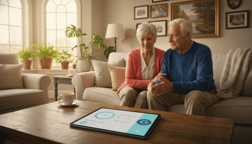 A warm and inviting living room scene featuring a senior couple engaging with an AI-powered digital device for their daily check-in. In the foreground, a smart tablet on a coffee table displays a user-friendly interface with graphs and reminders. The middle layer shows the seniors, a man and a woman, dressed in modest casual clothing, smiling and interacting with the device. The background includes a cozy atmosphere with soft, natural lighting filtering through large windows, potted plants, and framed family photos on the walls. The overall mood is positive and serene, illustrating comfort and reassurance in daily communication through technology. The angle is slightly elevated, capturing both the users’ expressions and the tech interaction effectively. A warm and inviting living room scene featuring a senior couple engaging with an AI-powered digital device for their daily check-in. In the foreground, a smart tablet on a coffee table displays a user-friendly interface with graphs and reminders. The middle layer shows the seniors, a man and a woman, dressed in modest casual clothing, smiling and interacting with the device. The background includes a cozy atmosphere with soft, natural lighting filtering through large windows, potted plants, and framed family photos on the walls. The overall mood is positive and serene, illustrating comfort and reassurance in daily communication through technology. The angle is slightly elevated, capturing both the users’ expressions and the tech interaction effectively.