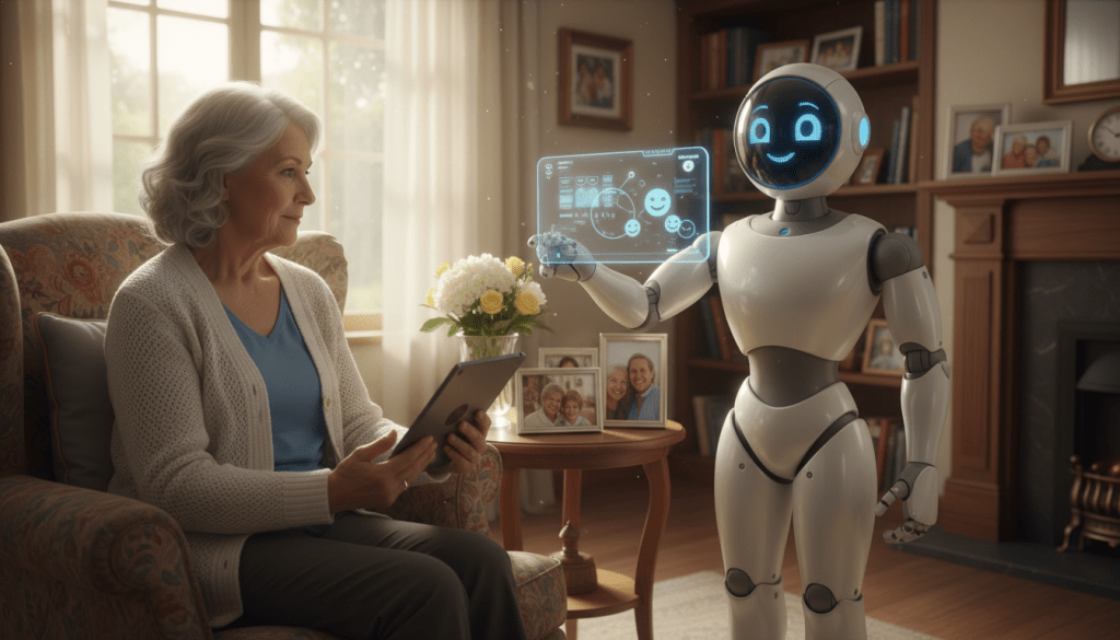 A warm and inviting living room scene featuring an advanced AI companion, designed as a friendly, humanoid robot, engaging with a senior person in cozy, modest clothing. The robot has a soft, LED-lit face that conveys empathy, with gentle blue and white tones. In the foreground, the senior, a Caucasian woman with silver hair, sits comfortably in an armchair holding a digital tablet while the AI companion displays data and friendly expressions. In the middle, a small table with a vase of flowers and personal photos adds a homey touch. The background shows soft natural light streaming through a window, creating a serene atmosphere that emphasizes companionship and support. The perspective is slightly angled, drawing the viewer into the warmth of the interaction. A warm and inviting living room scene featuring an advanced AI companion, designed as a friendly, humanoid robot, engaging with a senior person in cozy, modest clothing. The robot has a soft, LED-lit face that conveys empathy, with gentle blue and white tones. In the foreground, the senior, a Caucasian woman with silver hair, sits comfortably in an armchair holding a digital tablet while the AI companion displays data and friendly expressions. In the middle, a small table with a vase of flowers and personal photos adds a homey touch. The background shows soft natural light streaming through a window, creating a serene atmosphere that emphasizes companionship and support. The perspective is slightly angled, drawing the viewer into the warmth of the interaction.