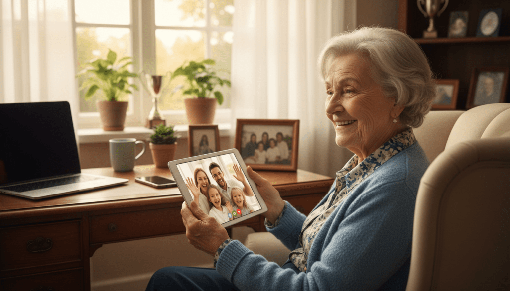 A warm and inviting living room setting, focusing on an elderly parent sitting comfortably in an armchair, engaged in a video call on a tablet. The foreground highlights the parent’s joyful expression, wearing modest casual clothing. In the middle, a well-lit desk shows various digital devices like a smartphone, laptop, and a framed family photo, symbolizing connection. In the background, soft natural light streams through a window, creating a cozy atmosphere with houseplants and family mementos. The overall mood is uplifting and heartwarming, emphasizing the importance of technology in maintaining familial bonds and reducing loneliness, captured with a gentle focus and pleasing depth of field.