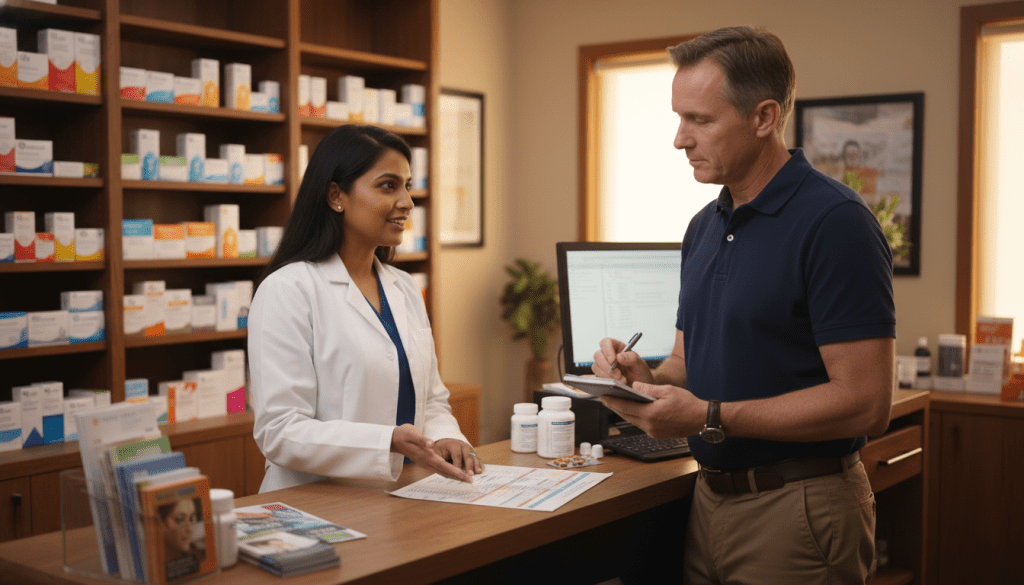 A warm and inviting pharmacy consultation scene, centered on a pharmacist and an attentive middle-aged patient discussing medication routines. In the foreground, the pharmacist, a South Asian woman in professional attire, gestures towards a medication chart on the counter, while the patient, a Caucasian man in a smart casual outfit, listens intently, taking notes. In the middle, shelves lined with neatly organized medication and health products create a sense of trust and professionalism. The background features soft lighting with an inviting atmosphere, highlighting the pharmacist’s friendly demeanor. The angle captures both subjects’ expressions, emphasizing the collaboration in developing a tailored medication schedule. The overall mood is supportive and informative, ideal for conveying the importance of pharmacist collaboration in health management.