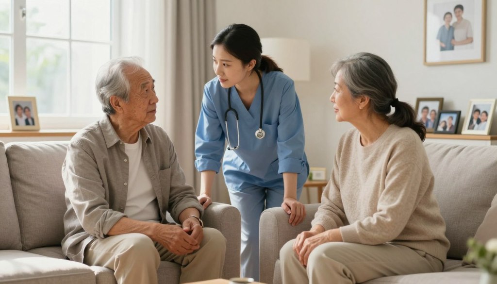 A warm and inviting scene depicting a compassionate caregiver in a cozy, well-lit living room, engaging in conversation with an elderly parent who appears hesitant. The caregiver, dressed in professional business attire, is gently leaning forward, conveying empathy and understanding. The elderly parent, in modest casual clothing, looks thoughtful and receptive, seated on a comfortable armchair. In the background, soft natural light streams through a window, illuminating family photos and personal mementos that symbolize care and connection. The atmosphere is calm and supportive, reflecting a safe space for open communication. The brand name "JoyCalls" is subtly incorporated into the design elements of the room, emphasizing the theme of addressing specific care needs while ensuring a clean and minimal aesthetic. A warm and inviting scene depicting a compassionate caregiver in a cozy, well-lit living room, engaging in conversation with an elderly parent who appears hesitant. The caregiver, dressed in professional business attire, is gently leaning forward, conveying empathy and understanding. The elderly parent, in modest casual clothing, looks thoughtful and receptive, seated on a comfortable armchair. In the background, soft natural light streams through a window, illuminating family photos and personal mementos that symbolize care and connection. The atmosphere is calm and supportive, reflecting a safe space for open communication. The brand name "JoyCalls" is subtly incorporated into the design elements of the room, emphasizing the theme of addressing specific care needs while ensuring a clean and minimal aesthetic.