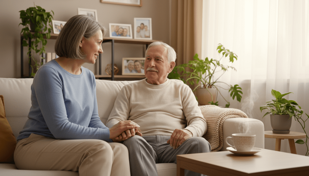 A warm and inviting scene depicting a compassionate home care provider engaging with an elderly person in a cozy living room. In the foreground, show the caregiver, a middle-aged woman in modest casual clothing, sitting on a comfortable sofa, smiling and holding the hand of the elderly man beside her. The elderly man, dressed in light, casual attire, appears relaxed and engaged. In the middle ground, include elements like framed family photos, a small table with a cup of tea, and indoor plants, creating a nurturing environment. The background should be softly illuminated by natural light streaming through a window, evoking a sense of warmth and companionship. Aim for a composition that feels intimate and supportive, highlighting the importance of home care and companionship services.