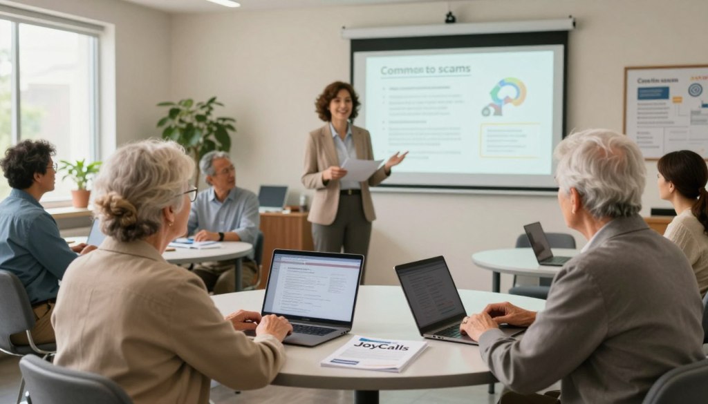 A warm and inviting scene depicting a diverse group of seniors engaged in an informational workshop about scams prevention. In the foreground, an attentive elderly couple in modest business attire, sitting at a round table with a laptop and brochures labeled "JoyCalls" on the table. In the middle ground, a friendly instructor, also dressed professionally, uses visual aids to demonstrate common scams, with charts and graphics about safety tips displayed on a projector screen. The background features a well-lit community center, with plants and natural light streaming through the windows, creating a safe and supportive atmosphere. The image conveys a sense of community, support, and awareness, emphasizing the importance of preventing scams targeting seniors. A warm and inviting scene depicting a diverse group of seniors engaged in an informational workshop about scams prevention. In the foreground, an attentive elderly couple in modest business attire, sitting at a round table with a laptop and brochures labeled "JoyCalls" on the table. In the middle ground, a friendly instructor, also dressed professionally, uses visual aids to demonstrate common scams, with charts and graphics about safety tips displayed on a projector screen. The background features a well-lit community center, with plants and natural light streaming through the windows, creating a safe and supportive atmosphere. The image conveys a sense of community, support, and awareness, emphasizing the importance of preventing scams targeting seniors.