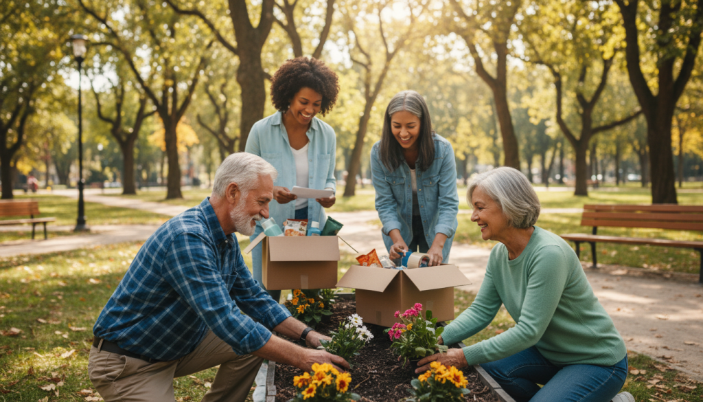 A warm and inviting scene depicting a diverse group of seniors engaging in a community volunteer project. In the foreground, an elderly man and woman, dressed in modest casual clothing, are happily planting flowers in a community garden. Their expressions radiate joy and connection. In the middle ground, two women—one Asian, one Black—are preparing care packages, showcasing teamwork and camaraderie. The background features a sunny park with trees and benches, creating a vibrant atmosphere. Soft, golden light filters through the leaves, highlighting the seniors’ interactions and emphasizing a sense of community and fulfillment. The overall mood is uplifting and inspiring, celebrating the positive benefits of volunteering in later life.
