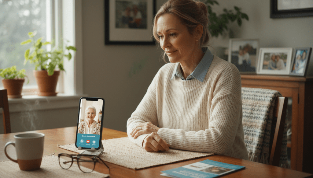 A warm and inviting scene depicting a middle-aged woman seated at a well-lit dining table, engaged in a video call with her elderly mother. The woman, dressed in cozy yet professional attire, looks attentive and caring, while her mother, in a softly lit living room, wears comfortable clothing and smiles back. In the foreground, a smartphone rests on the table displaying supportive resources for seniors. In the background, family photos and a welcoming environment hint at closeness and connection. Soft, natural lighting enhances a comforting atmosphere, with a shallow depth of field that focuses on the interaction while subtly blurring the background elements, creating a sense of intimacy and reliability in senior support.