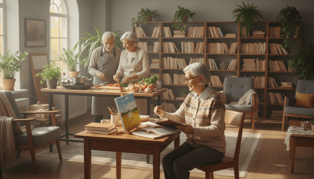 A warm and inviting scene depicting a small group of older adults engaged in various lifelong learning activities in a bright, cozy room. In the foreground, a woman in modest casual clothing is painting on a canvas, while a man in business attire sits at a table, engrossed in reading a book. In the middle, another couple is participating in a cooking class, surrounded by colorful ingredients and kitchen tools. The background shows shelves filled with books and plants, with soft, natural light streaming in through large windows, creating a cheerful atmosphere. The overall mood is one of joy, curiosity, and connection, emphasizing the importance of embracing new hobbies during retirement. The image captures a sense of community and the fulfillment that comes from lifelong learning.