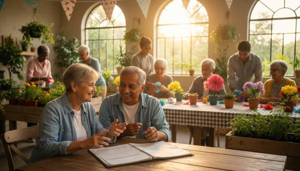 A warm and inviting scene depicting an elderly volunteer program connection, showcasing a diverse group of seniors engaged in meaningful activities together. In the foreground, two seniors, one Caucasian and one Hispanic, are sitting at a cozy table, smiling while discussing plans. The middle ground features a gentle, sunlit community center with cheerful decorations, where more seniors are seen participating in partnering activities like crafting and gardening. In the background, large windows let in soft, golden hour lighting, enhancing the welcoming atmosphere filled with greenery. The mood is uplifting and connected, reflecting the joy of community involvement. The image is captured with a slight depth of field to emphasize the foreground subjects, focusing on their expressions and interactions, while softly blurring the engaging activities behind them.