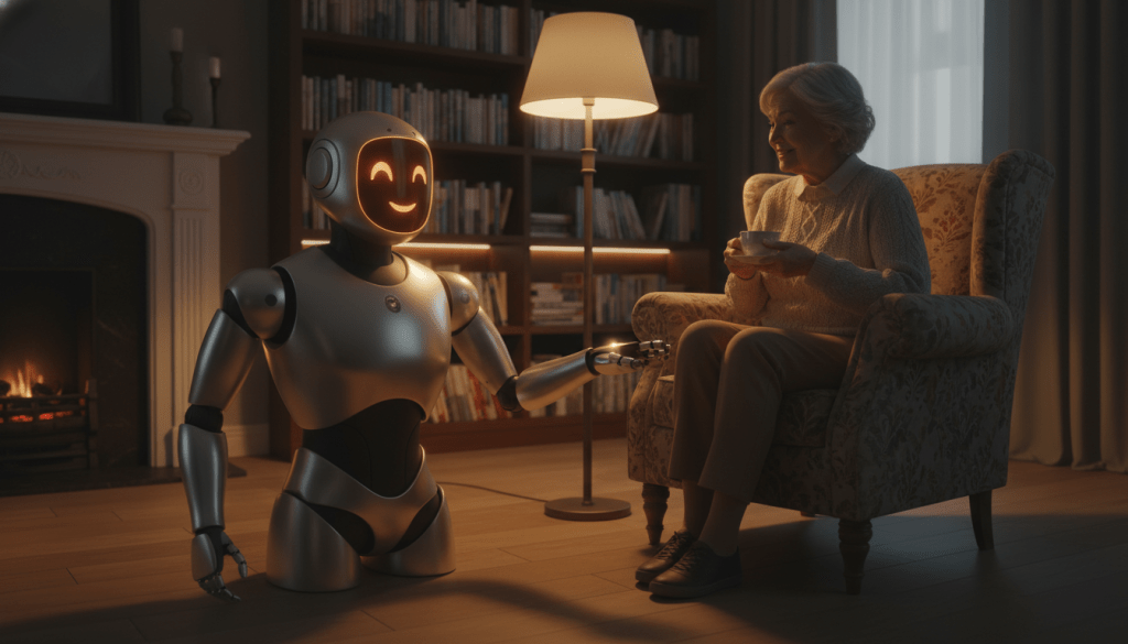 A warm and inviting scene featuring an AI companion designed for older adults. In the foreground, a friendly, humanoid robot with a soft, glowing face displays a comforting expression, its sleek design blending modern technology with a touch of warmth. The middle ground shows an cozy living room setting, with an elderly person in modest casual clothing sitting comfortably in an armchair, engaged in a light conversation with the robot, both illuminated by gentle, ambient lighting that evokes a peaceful evening atmosphere. In the background, soft shadows are cast by a softly lit lamp and bookshelf filled with books, emphasizing a sense of companionship and safety. The overall mood conveys warmth, serenity, and connection, suitable for the theme of supporting older adults. A warm and inviting scene featuring an AI companion designed for older adults. In the foreground, a friendly, humanoid robot with a soft, glowing face displays a comforting expression, its sleek design blending modern technology with a touch of warmth. The middle ground shows an cozy living room setting, with an elderly person in modest casual clothing sitting comfortably in an armchair, engaged in a light conversation with the robot, both illuminated by gentle, ambient lighting that evokes a peaceful evening atmosphere. In the background, soft shadows are cast by a softly lit lamp and bookshelf filled with books, emphasizing a sense of companionship and safety. The overall mood conveys warmth, serenity, and connection, suitable for the theme of supporting older adults.