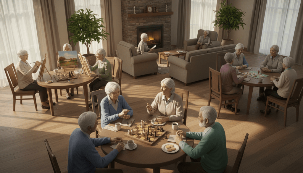 A warm and inviting scene in a sunlit community center filled with seniors engaging in various activities that foster relationships and social connections. In the foreground, a diverse group of seniors, dressed in modest casual clothing, joyfully chat around a circular table, sharing laughter and stories. In the middle, an art class is taking place, where some seniors are painting together, while others are playing games, highlighting collaboration and companionship. The background shows a cozy lounge area with plants and bright windows, evoking a sense of comfort and openness. Use soft natural lighting to create a welcoming atmosphere, capturing the essence of joy, connection, and purpose in aging, shot with a slight tilt to add depth.